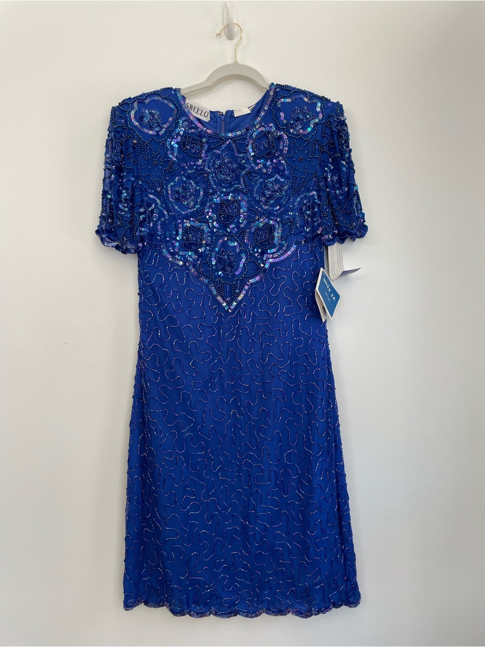 Vintage Swee Lo Vintage Royal Blue Beaded Short-Sleeve Dress